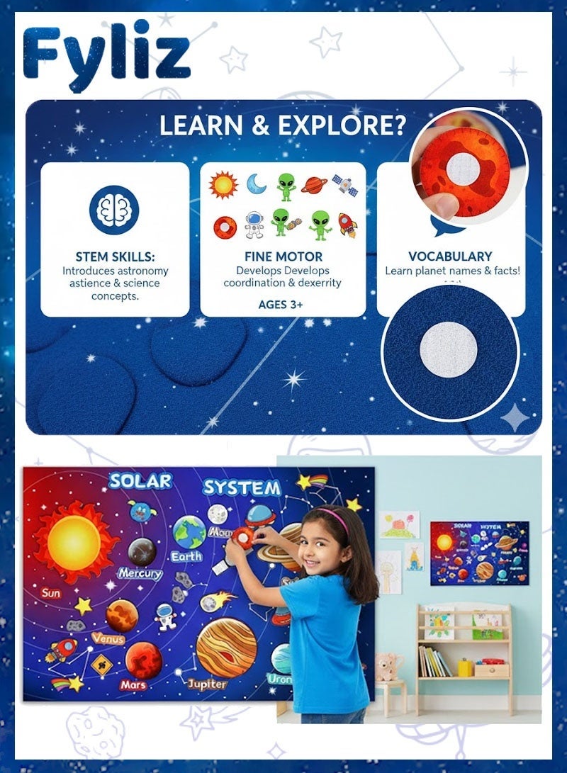 Fyliz Solar System Felt Story Board Set 41PCS 43x29inch Outer Space Universe Storytelling with Hooks Astronaut Planets Galaxy Preschool Craft Early Learning Interactive Play Kit for Toddlers Kids 4+ - Image 2